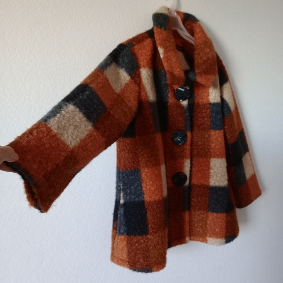 Ali Miles Women's Large Buffalo Plaid 3/4 sleeve Fuzzy Peacoat - Picture 2 of 12